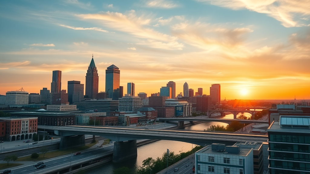 Nashville Vacation Geteaways - Inviting Nashville cityscape at sunrise with the iconic downtown skyline, John Seigenthaler Pedestrian Bridge, and bustling streets.