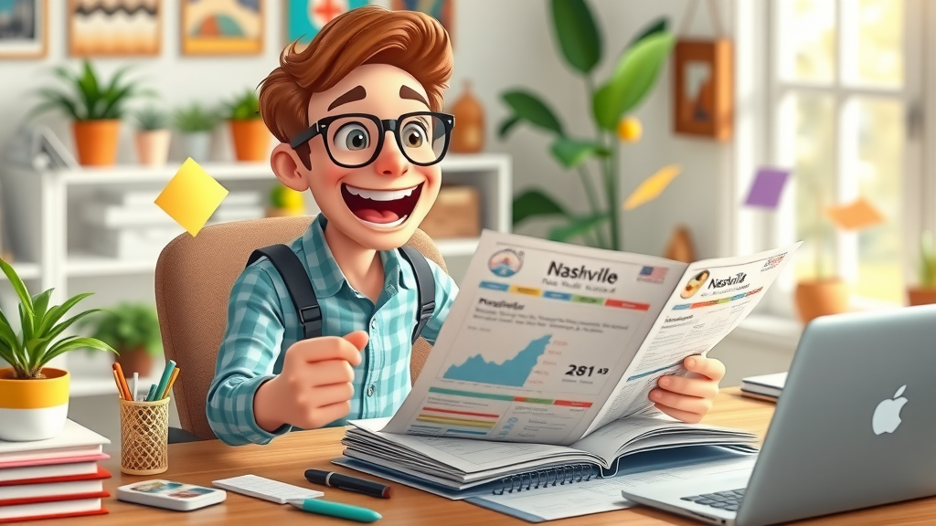 Nashville vacation package - Organized travel planner on desk with Nashville brochures, excited traveler planning the perfect trip.