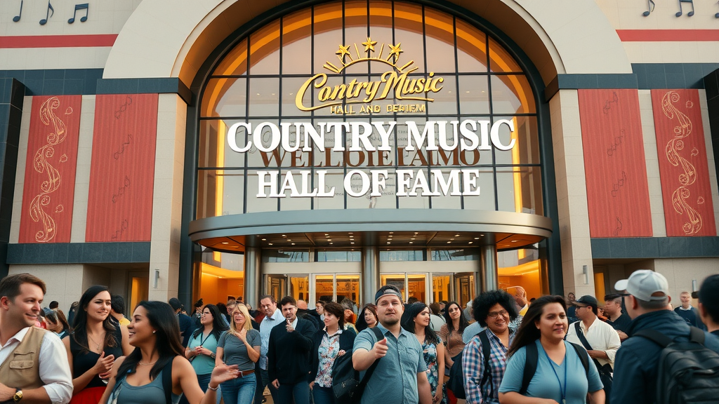 Country Music Hall of Fame and Museum - Majestic building with bustling crowds, musical note décor, and grand entrance in Nashville.