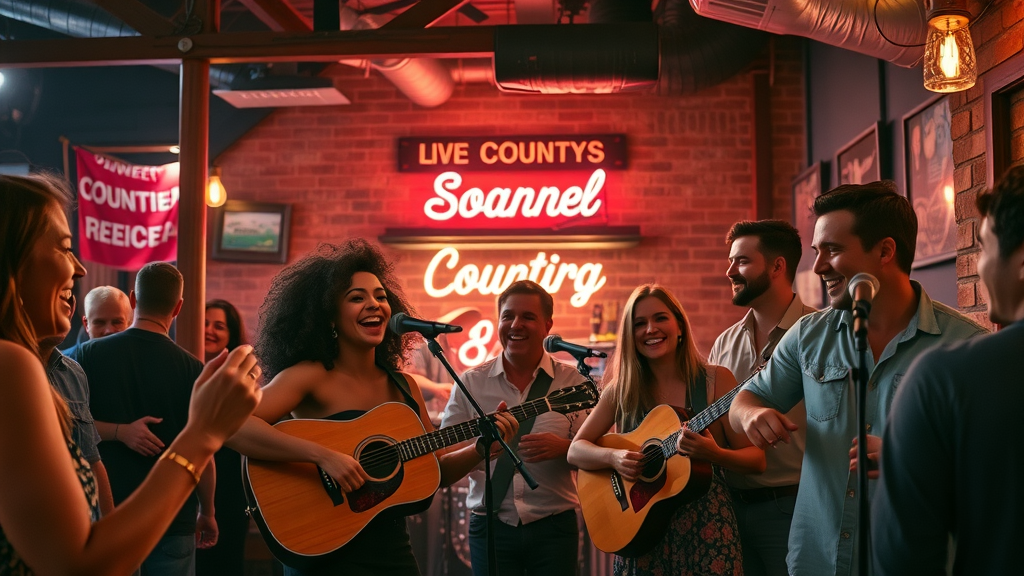 Downtown Nashville Vacation - Lively live music bar scene, cheerful friends, energetic band performance, exposed brick and neon at night.