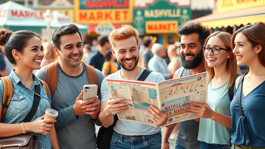 Nashville Vacation - Happy group of tourists planning city exploration with a map, excited to visit Nashville icons and enjoy live music.