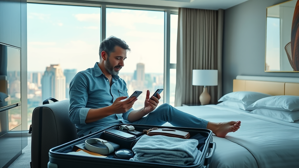 Nashville Vacation Cost - Sleek Nashville hotel room, open suitcase, traveler checking a budget app, airy downtown view.